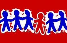 Graphic of blue figures holding hands with one red figure in the middle who is fading into the red background of the image.